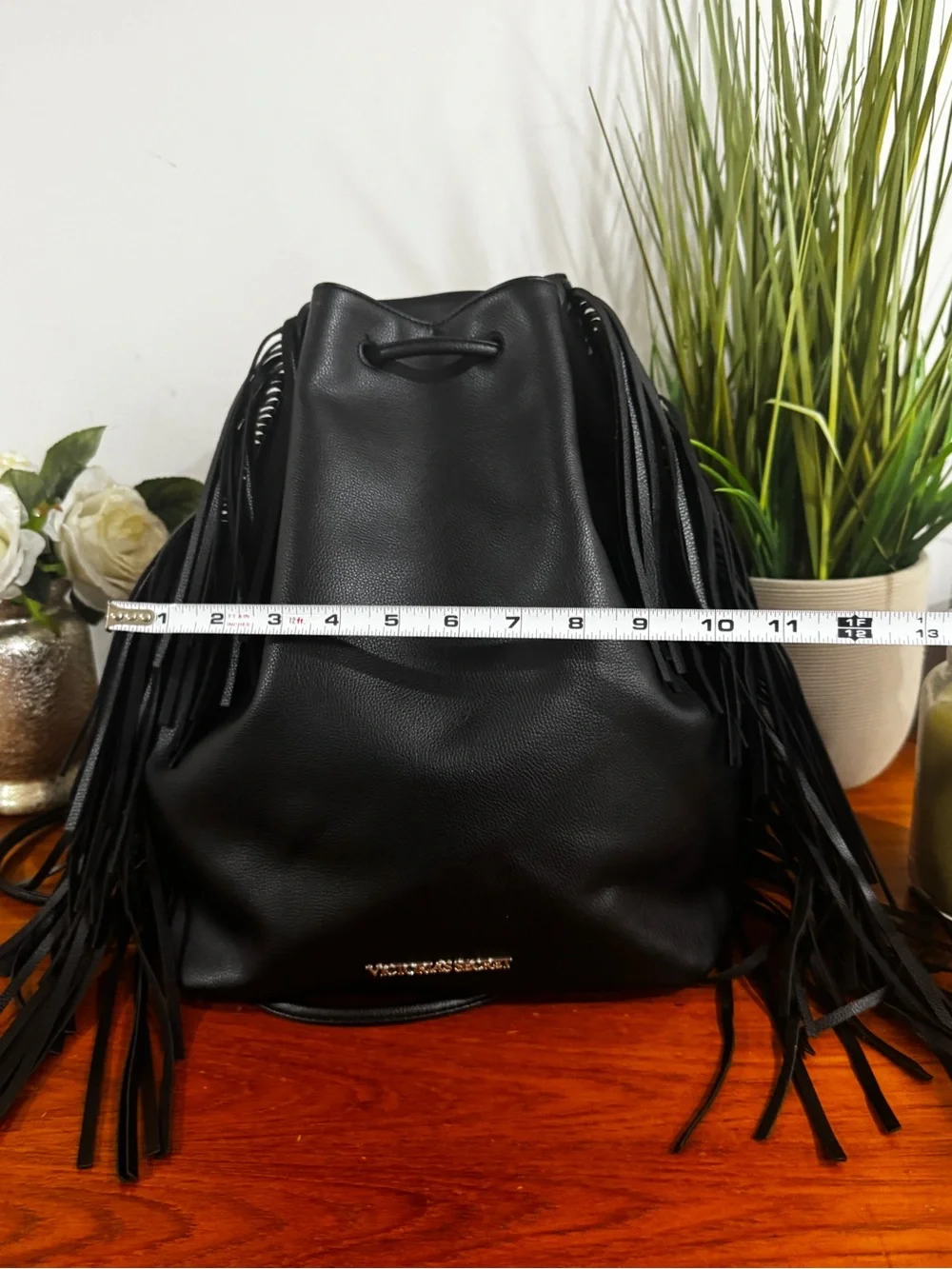 Victoria's Secret Black Fringe Drawstring Backpack